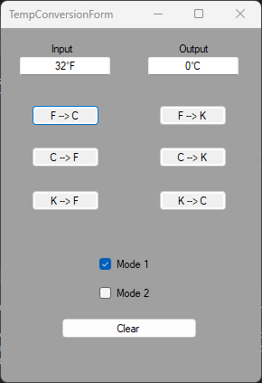 Picture of Mode 1 of the Temperature Conversion application