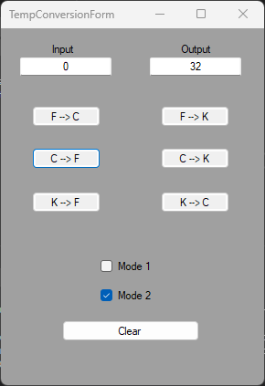Picture of Mode 2 of the Temperature Conversion application