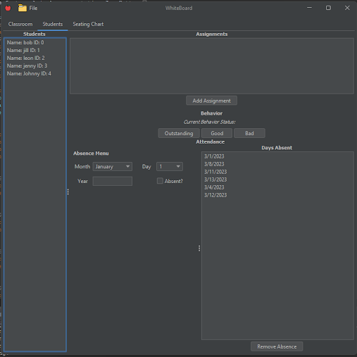 Picture of the student tab of the Whiteboard application